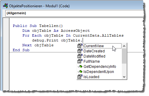 Erkunden der Eigenschaften von AccessObject-Elementen