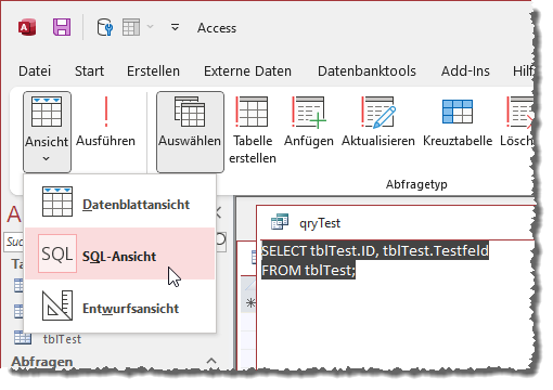 Die SQL-Ansicht einer Abfrage