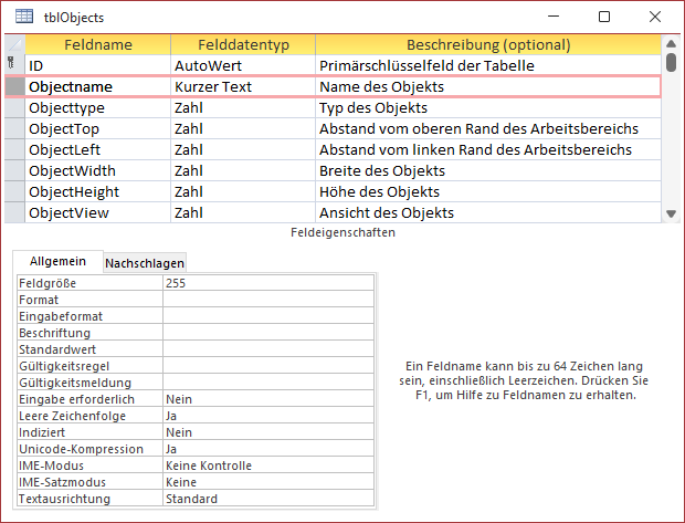 Tabelle zum Speichern der Objekteigenschaften