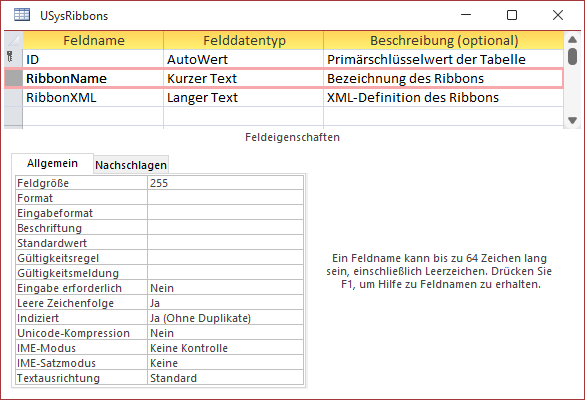 Tabelle zum Speichern der Ribbondefinitionen