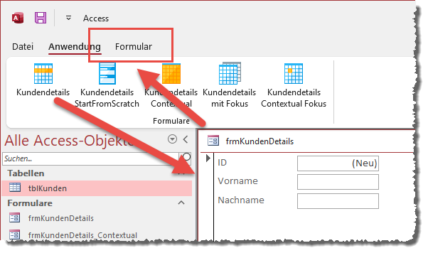 Das Ribbontab des neuen Formulars wird angezeigt, aber nicht direkt aktiviert.