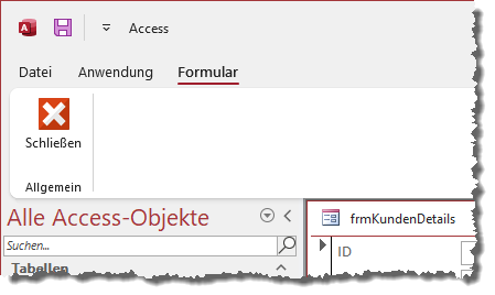 Das Tab des Formularribbons neben dem Anwendungsribbon