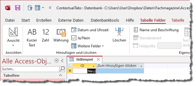 Kontextabhängige Tabs bei Anzeige einer Tabelle in der Datenblattansicht
