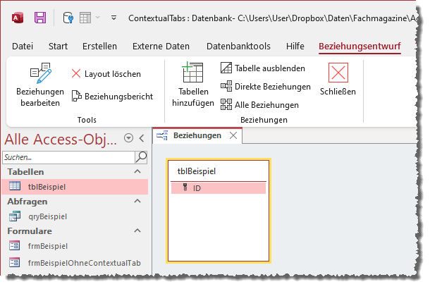 Contextual Tab für das Beziehungsfenster
