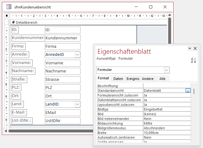 Entwurf des Unterformulars sfmKundenuebersicht