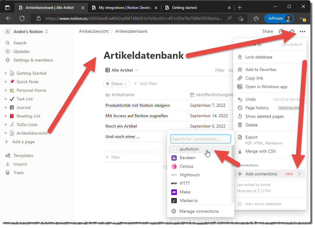 Anlegen einer Verbindung zu einer Notion-Datenbank