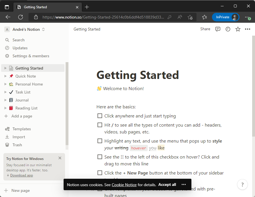 Die Getting-Started-Seite von Notion