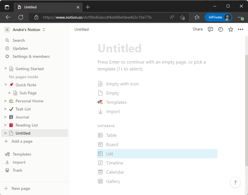 Eine neue, leere Seite