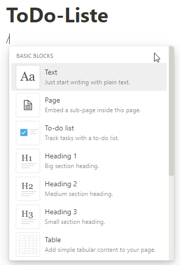 Auswahl der verfügbaren Elemente