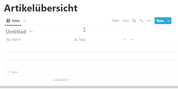 Eine neue, leere Datenbank in der Table-Ansicht