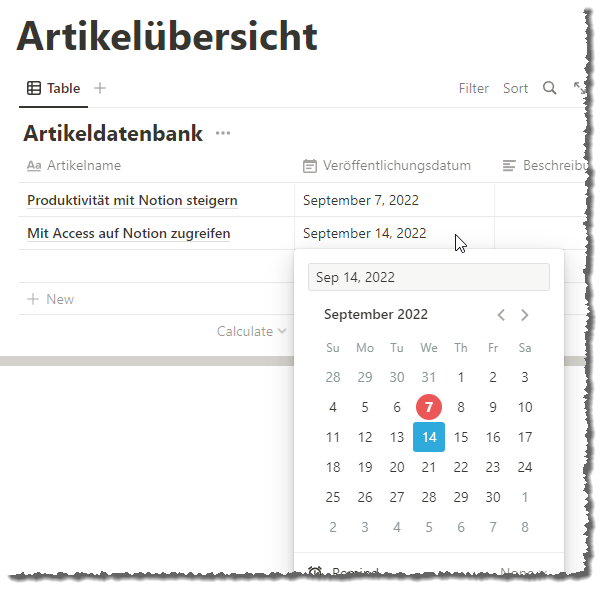 Einstellen eines Datumsfeldes