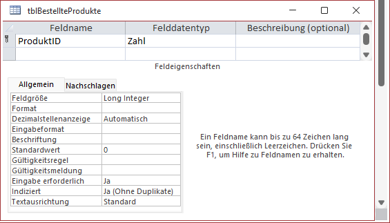 Entwurf der Tabelle tblBestellteProdukte
