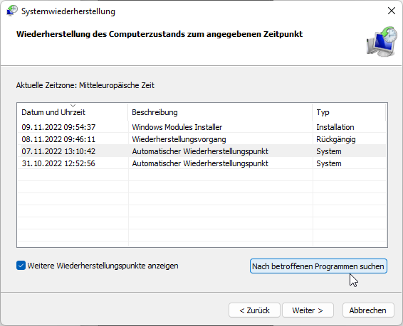 Auswahl der Wiederherstellungspunkte