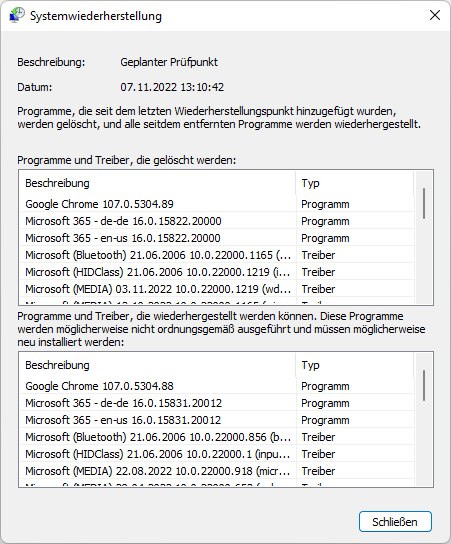 Versionen, die durch diese Wiederherstellung wiederhergestellt werden