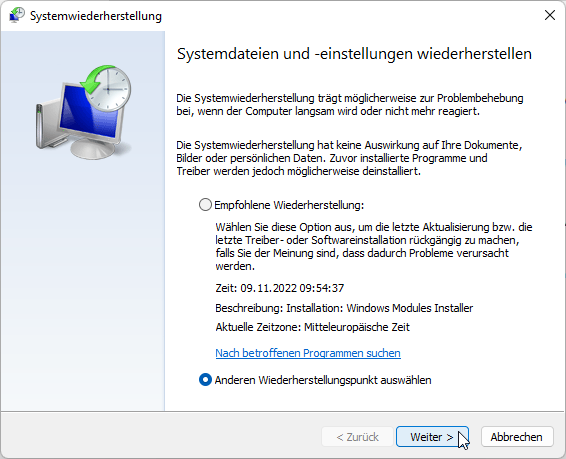 Anzeige anderer Wiederherstellungspunkte