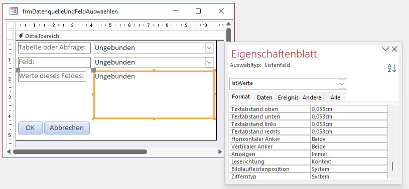 Formular zum Auswählen der Daten, die in der Format-Vorschau angezeigt werden sollen