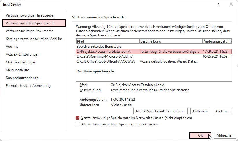 Anlegen eines vertrauenswürdigen Speicherortes