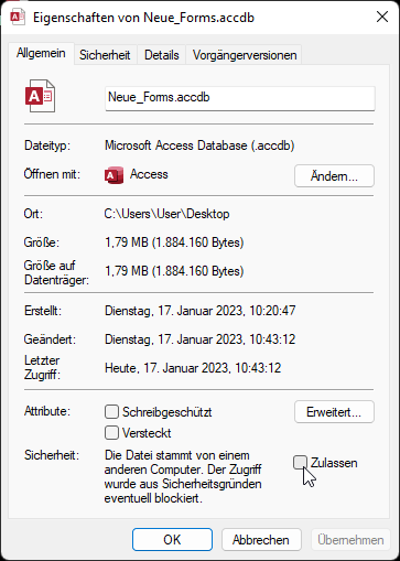 Einstellen der Sicherheit per Eigenschaften-Dialog
