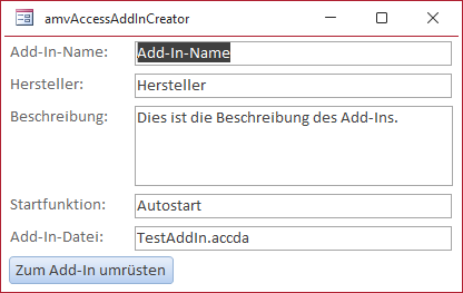 Das Formular zur Eingabe der Add-In-Daten in der Formularansicht