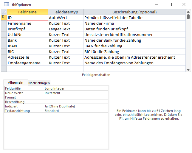 Tabelle zum Speichern der Optionen für den Bericht