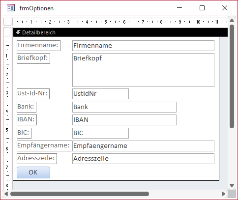 Formular zum Eingeben der Optionen in der Entwurfsansicht