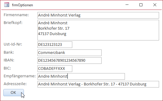 Formular zum Eingeben der Optionen in Aktion