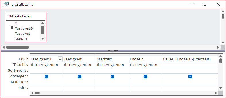 Entwurfsansicht einer Abfrage zum Berechnen von Zeitdifferenzen