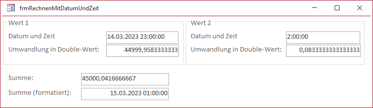 Beispiel für die Addition von zwei Datum-/Zeit-Werten