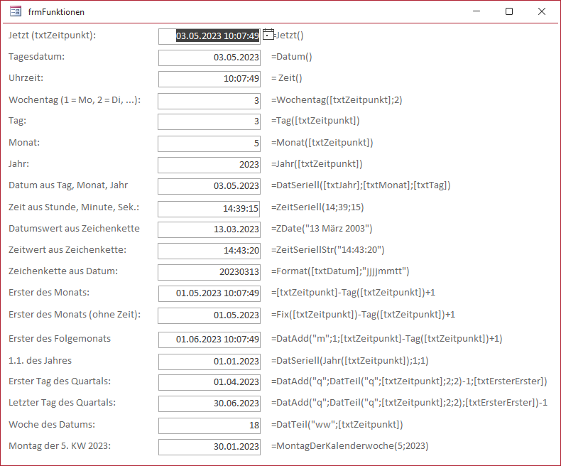 Diese Abbildung enthält eine Übersicht der häufig verwendeten Datums- und Zeitfunktionen.