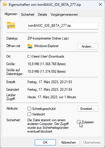 Aktivieren der Sicherheit der Zip-Datei