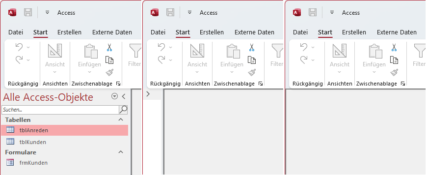 Verschiedene Status des Navigationsbereichs: Eingeblendet, minimiert und ausgeblendet