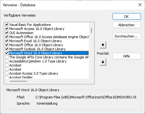 Ausgangssituation im Verweise-Dialog