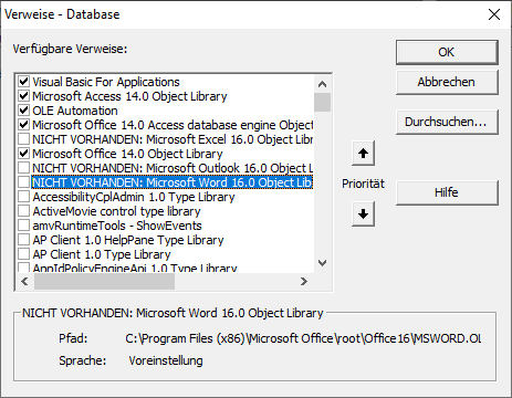 Entfernen der als NICHT VORHANDEN markierten Verweise