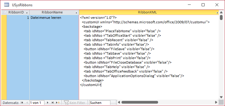 Tabelle mit der Ribbondefinition zum Leeren des Dateimenüs