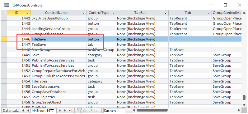 Daten von Ribbon-Elementen in einer Tabelle