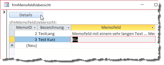Formular mit den Daten der Tabelle tblMemofelder in der Formularansicht