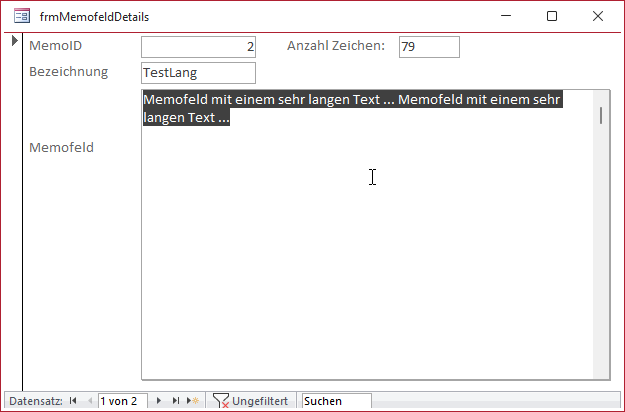 Anzeige von Memofeldinhalten und ihrer Länge