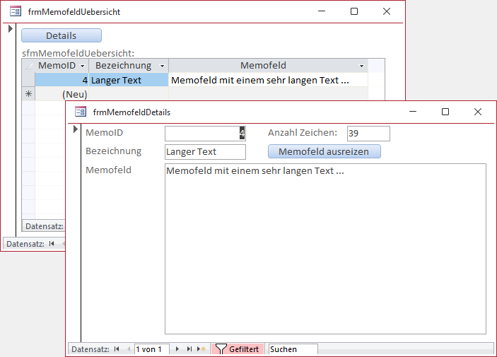 Anzeige des Inhalts eines Memofeldes in zwei verschiedenen Formularen gleichzeitig
