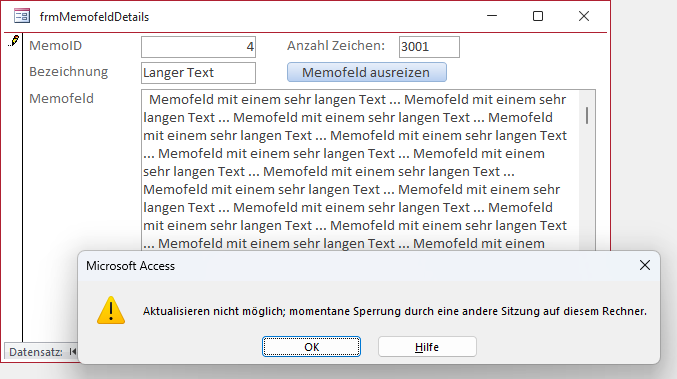 Fehler beim Ändern des Inhalts des Memofeldes