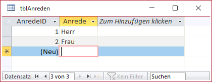 Beispieltabelle zum Füllen eines Kombinationsfeldes