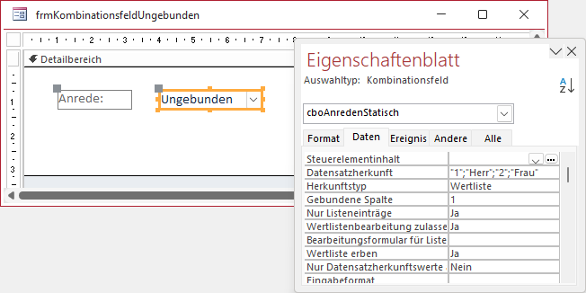 Einstellungen für ein statisch gefülltes Kombinationsfeld