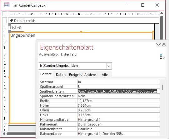 Vorbereiten des Listenfeldes für viele Kundendaten