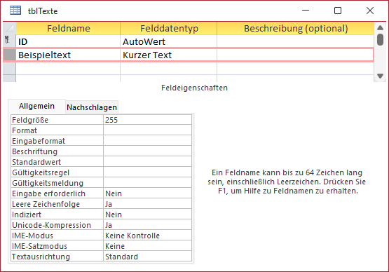 Tabelle für Beispieldaten