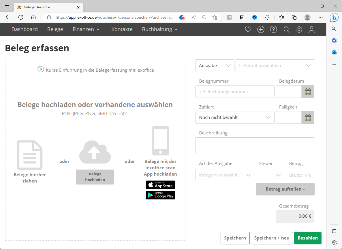 Erfassen eines Belegs in lexoffice