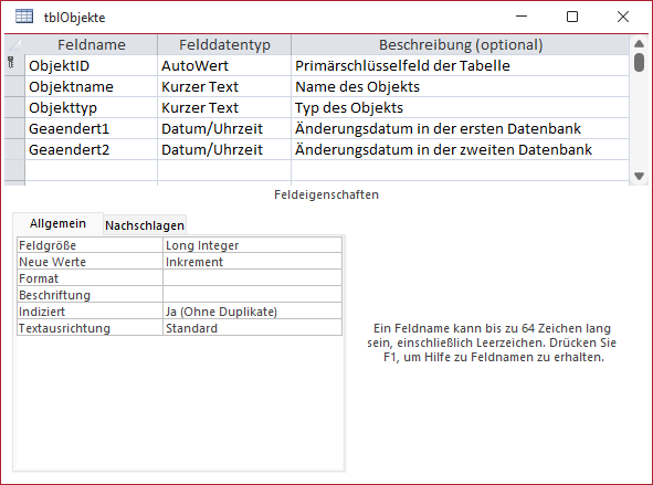 Entwurf der Tabelle zum Speichern der Änderungsdaten der Objekte