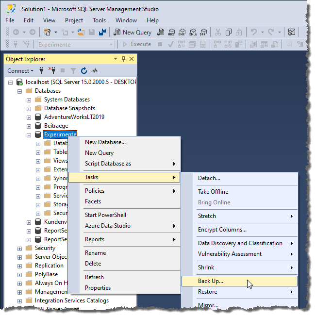 Aufrufen des Back Up-Dialogs