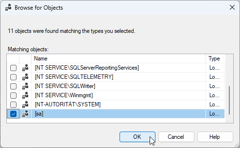Auswählen des Benutzers sa