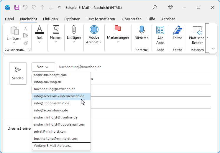 E-Mail-Konten, die als Absender eingestellt werden können