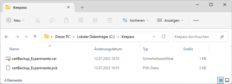 Das Zertifikat und die Schlüsseldatei auf der Festplatte