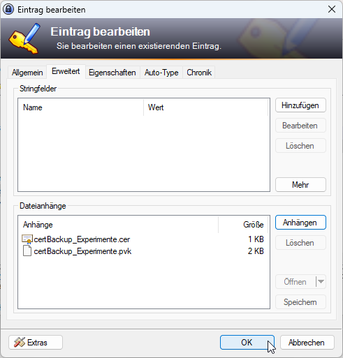 Sichern der Zertifikatsdatei und der Schlüsseldatei in KeePass